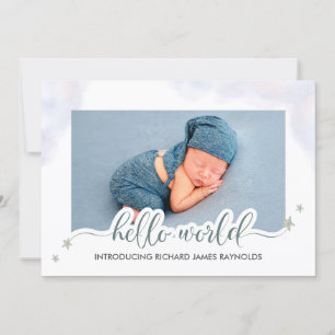 Faire-part Modern Hello World Baby Boy Birth Announcement