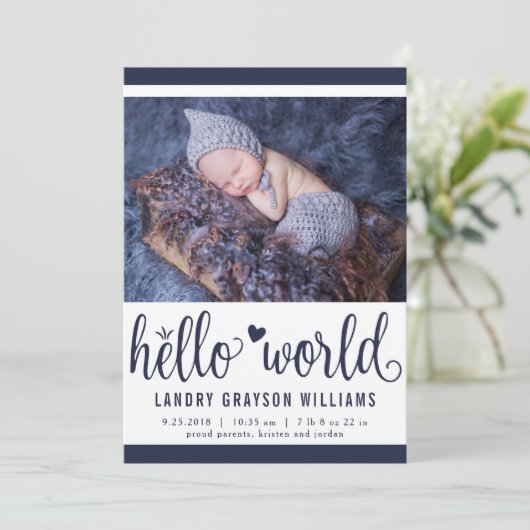 Faire-part Modern Hello World Marine Photo Birth Stat (Debout devant)