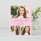 Faire-part Modern hot pink 3 photos collage graduation (Debout devant)