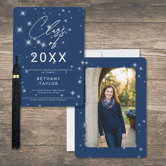 Faire-part Modern Navy Blue & White Sparkle Graduation