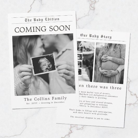 Faire-part Modern Newspaper Black and White Pregnancy Reveal