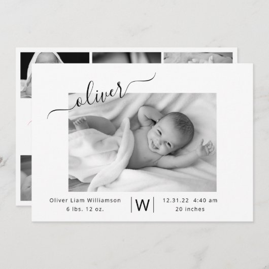 Faire-part Modern Script Photo Collage Nouveau bébé naissance (Devant / Derrière)