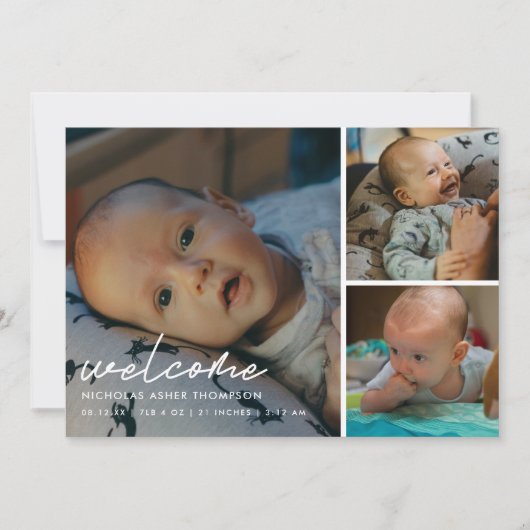 Faire-part Modern Script "Welcome" 4-Photo Baby Birth (Devant)