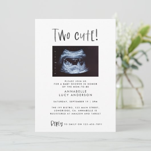 Faire-part Modern simple twin photo tan brown two cute birth (Debout devant)