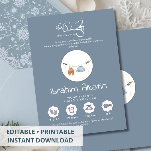 Faire-part Modern Slate Blue Islamic Baby Boy Birth