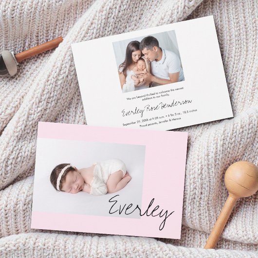 Faire-part Modern Soft Pink Baby Girl Name Script Photo Birth