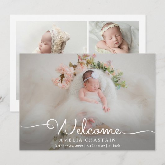 Faire-part Modern Welcome Calligraphy 4 Photo Baby Birth (Devant / Derrière)