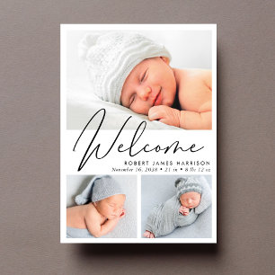 Faire-part Modern Welcome Script Photo Collage de photos Nais