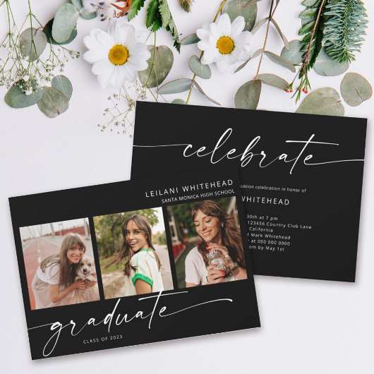 Faire-part Moderne 3 Photo Graduation Party Noir