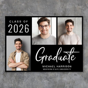 Faire-part Moderne 3 Script photo noir Graduation