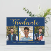 Faire-part Moderne 4 Photo Collage Blue Gold Graduation (Debout devant)