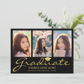 Faire-part Moderne 4 Photo Collage Gold Script Graduation (Debout devant)