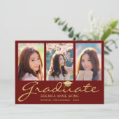 Faire-part Moderne 4 Photo Collage Gold Script Red Graduation (Debout devant)