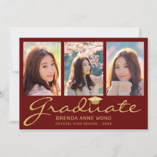 Faire-part Moderne 4 Photo Collage Gold Script Red Graduation