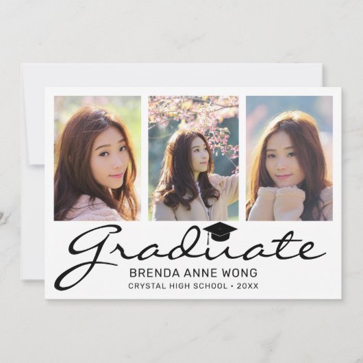 Faire-part Moderne 4 Photo Collage noir Script Graduation (Devant)