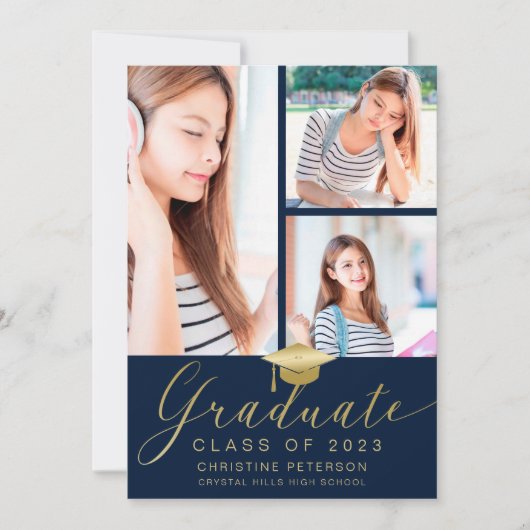 Faire-part Moderne 4 Photo Collage Script Navy Blue Graduatio (Devant)