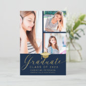 Faire-part Moderne 4 Photo Collage Script Navy Blue Graduatio (Debout devant)