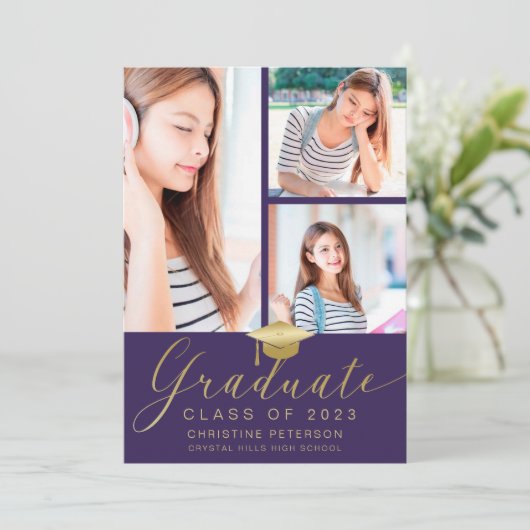 Faire-part Moderne 4 Photo Collage Script Purple Graduation (Debout devant)