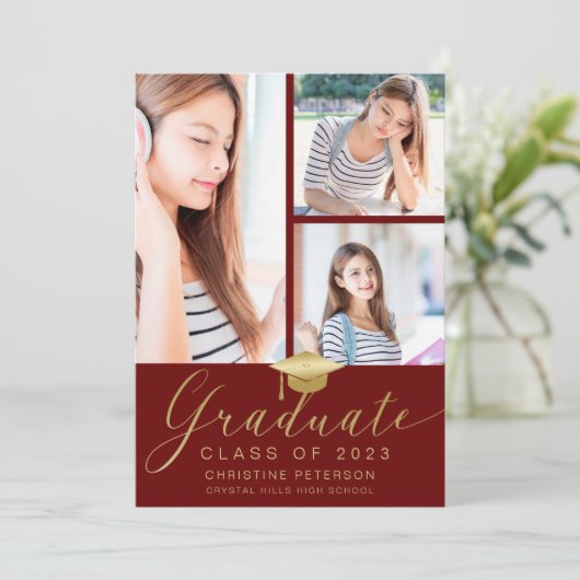 Faire-part Moderne 4 Photo Collage Script Red Graduation (Debout devant)