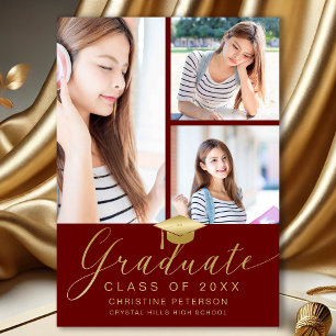 Faire-part Moderne 4 Photo Collage Script Red Graduation