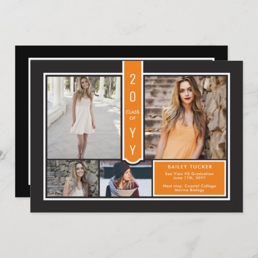 Faire-part Moderne 4-Photo College Orange et noir (Devant / Derrière)