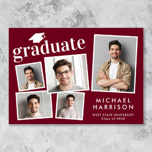 Faire-part Moderne 5 Photo Burgundy Red Graduation