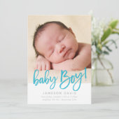 Faire-part MODERNE BABY PHOTO simple garçon bleu script écrit (Debout devant)