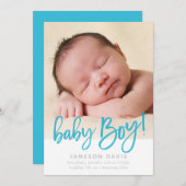 Faire-part MODERNE BABY PHOTO simple garçon bleu script écrit (Devant / Derrière)