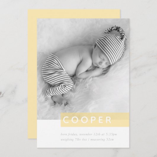 Faire-part MODERNE BABY PHOTO simple garçon jaune panneau sup (Devant / Derrière)