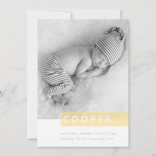 Faire-part MODERNE BABY PHOTO simple garçon jaune panneau sup