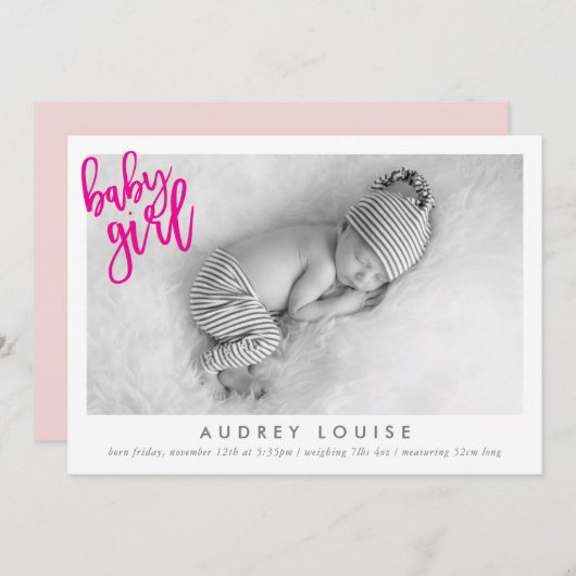 Faire-part MODERNE BÉBÉ FILLE calligraphie superposition PINK (Devant / Derrière)