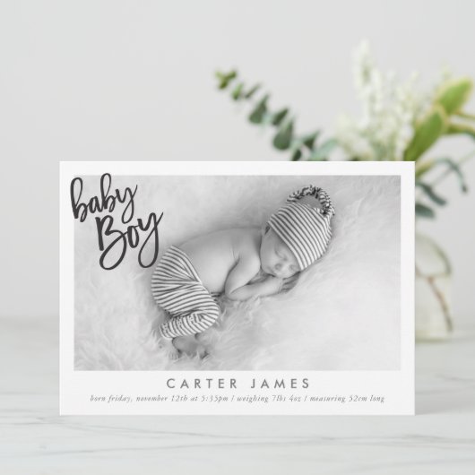 Faire-part MODERNE BÉBÉ GARÇON PHOTO simple calligraphie supe (Debout devant)