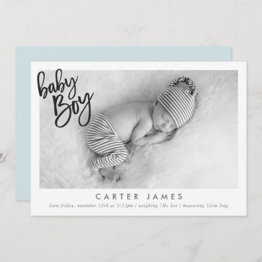 Faire-part MODERNE BÉBÉ GARÇON PHOTO simple calligraphie supe (Devant / Derrière)