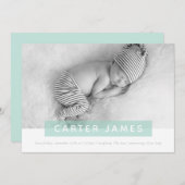 Faire-part MODERNE BÉBÉ PHOTO simple menthe douce (Devant / Derrière)