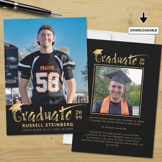 Faire-part Moderne Black Gold Brushstroke Graduate 2 Photos