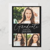 Faire-part Moderne blanc noir 3 photos collage graduation (Devant)