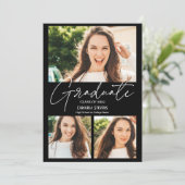Faire-part Moderne blanc noir 3 photos collage graduation (Debout devant)