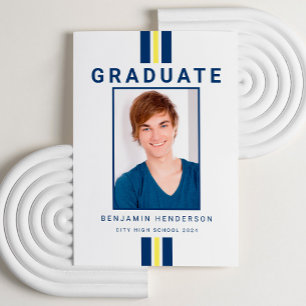 Faire-part Moderne Bleu Jaune Photo Graduation