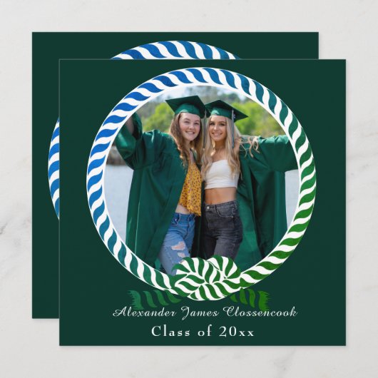 Faire-part Moderne Bleu Vert 1 Photo Graduation (Devant / Derrière)