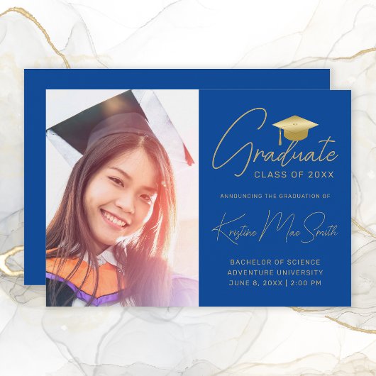 Faire-part Moderne Blue Gold Script Photo College Graduation