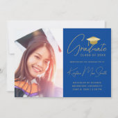 Faire-part Moderne Blue Gold Script Photo College Graduation (Devant)