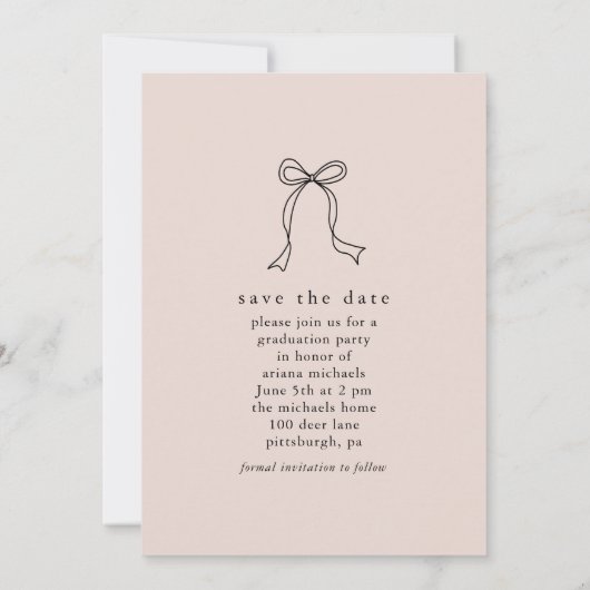 Faire-part Moderne Bow Blush Photo Graduation Enregistrer la (Dos)