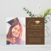 Faire-part Moderne Brown Gold Script Photo College Graduation (Debout devant)