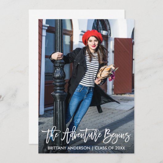 Faire-part Moderne Brush Script Graduation Aventure commence (Devant / Derrière)