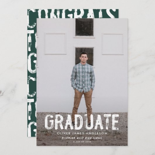 Faire-part moderne de graduation photo verte grung (Devant / Derrière)