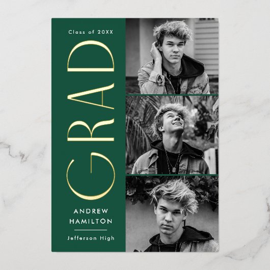 Faire-part moderne de graduation verte et or (Recto)