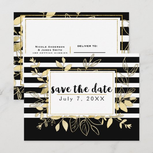 Faire-part moderne de luxe noir or botanique (Devant / Derrière)