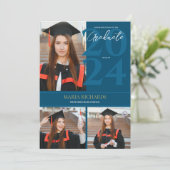 Faire-part Moderne Design 3 Photo Collage Bleu Graduation (Debout devant)