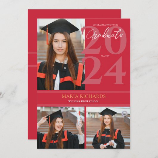 Faire-part Moderne Design 3 Photo Collage Red Graduation (Devant / Derrière)