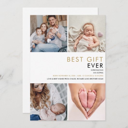 Faire-part Moderne Elegant 4 Photo Collage Or Naissance (Devant / Derrière)